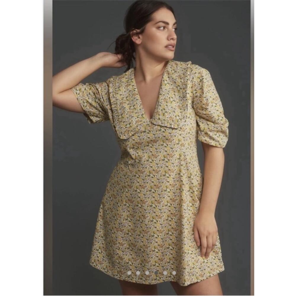 Anthropologie Dress Womens 6 Yellow Floral Puff Sleeve V Neck Cotton Mini Boho